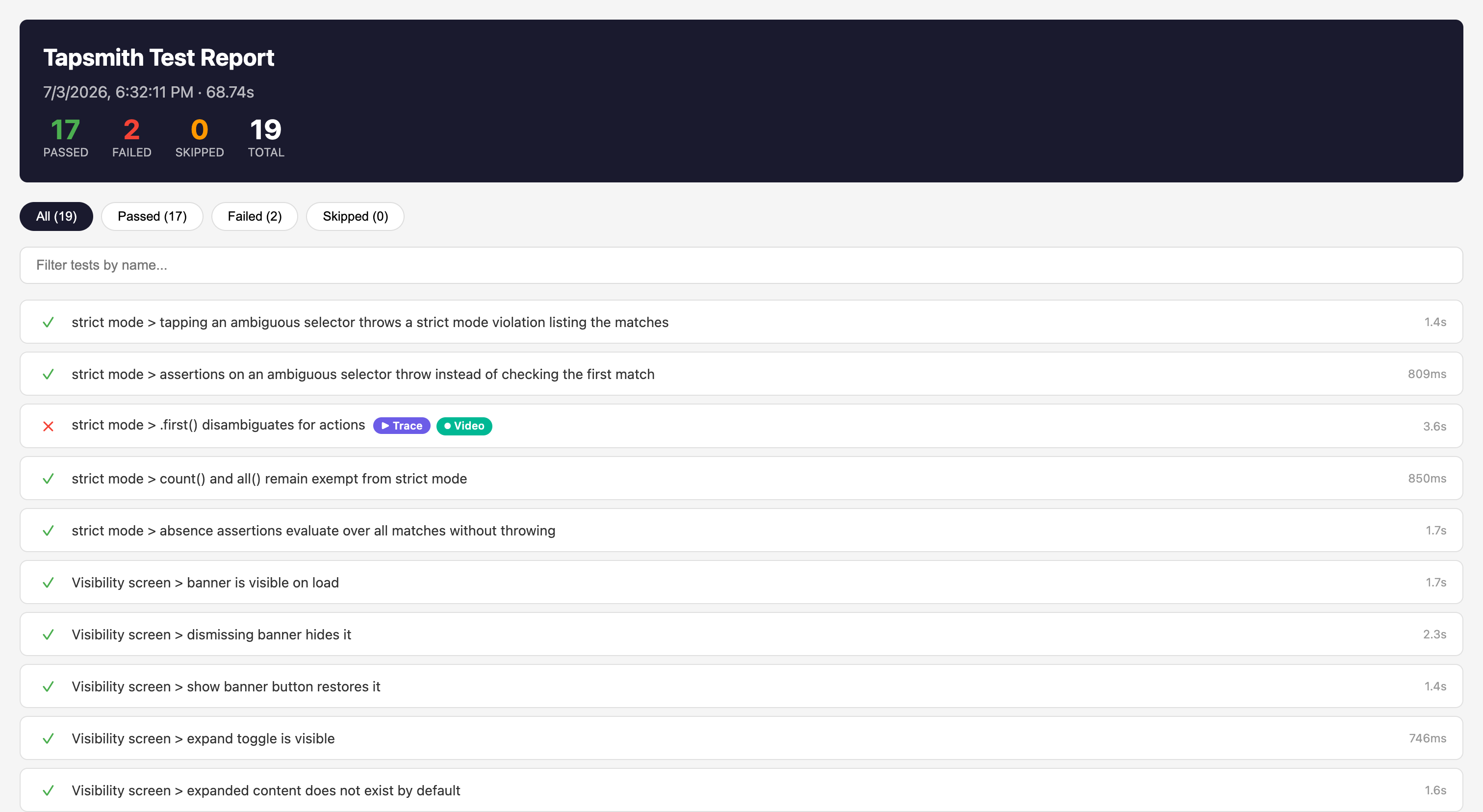 HTML report with a pass/fail summary, filter chips, and per-test rows including trace and video links for a failed test