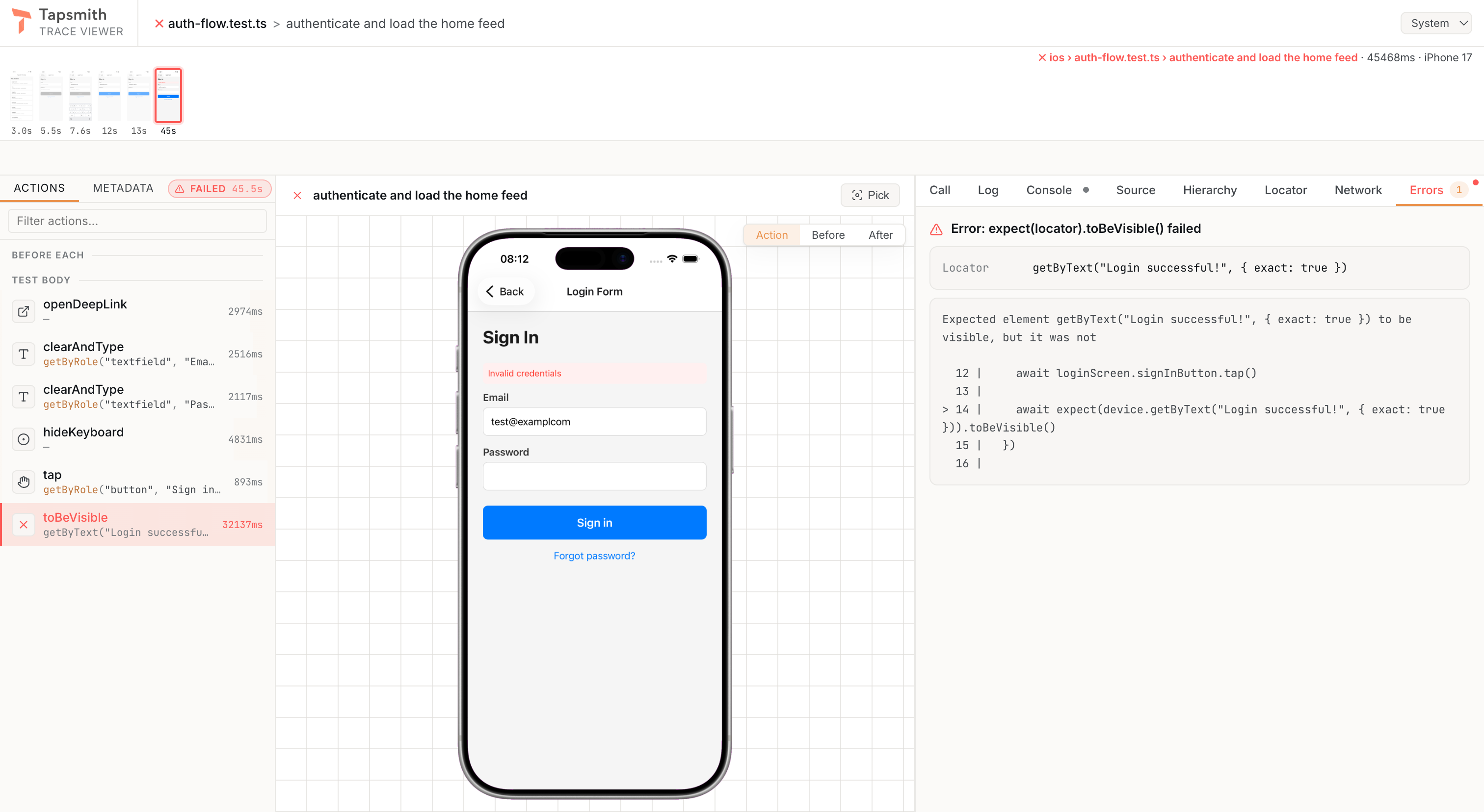 Tapsmith trace viewer showing a failed login test: timeline of screenshots, action log with the failed assertion, the app's error state, and the error with a source snippet