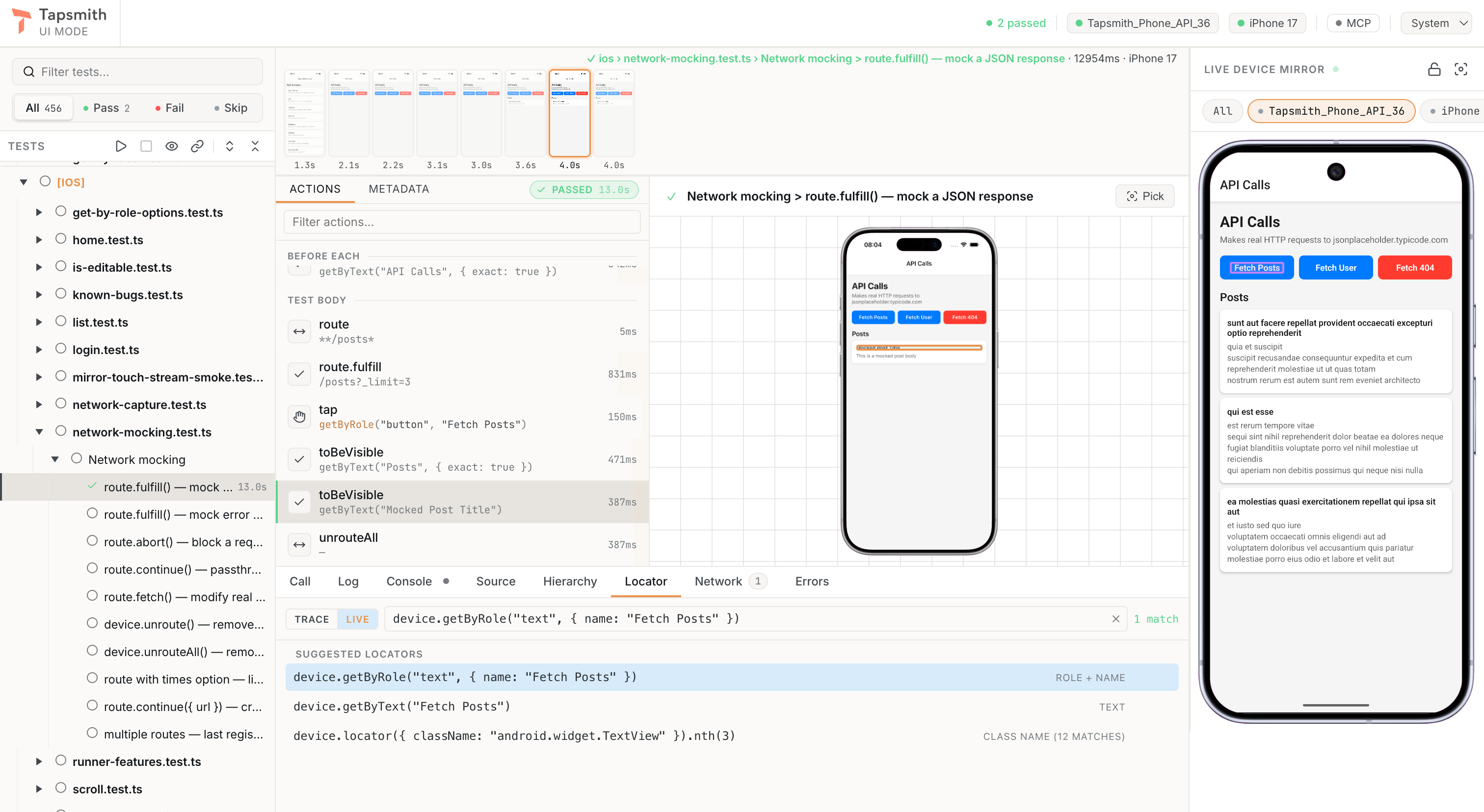 Pick mode in the live device mirror: the picked element is highlighted on the device and the Locator tab lists suggested locators with match counts