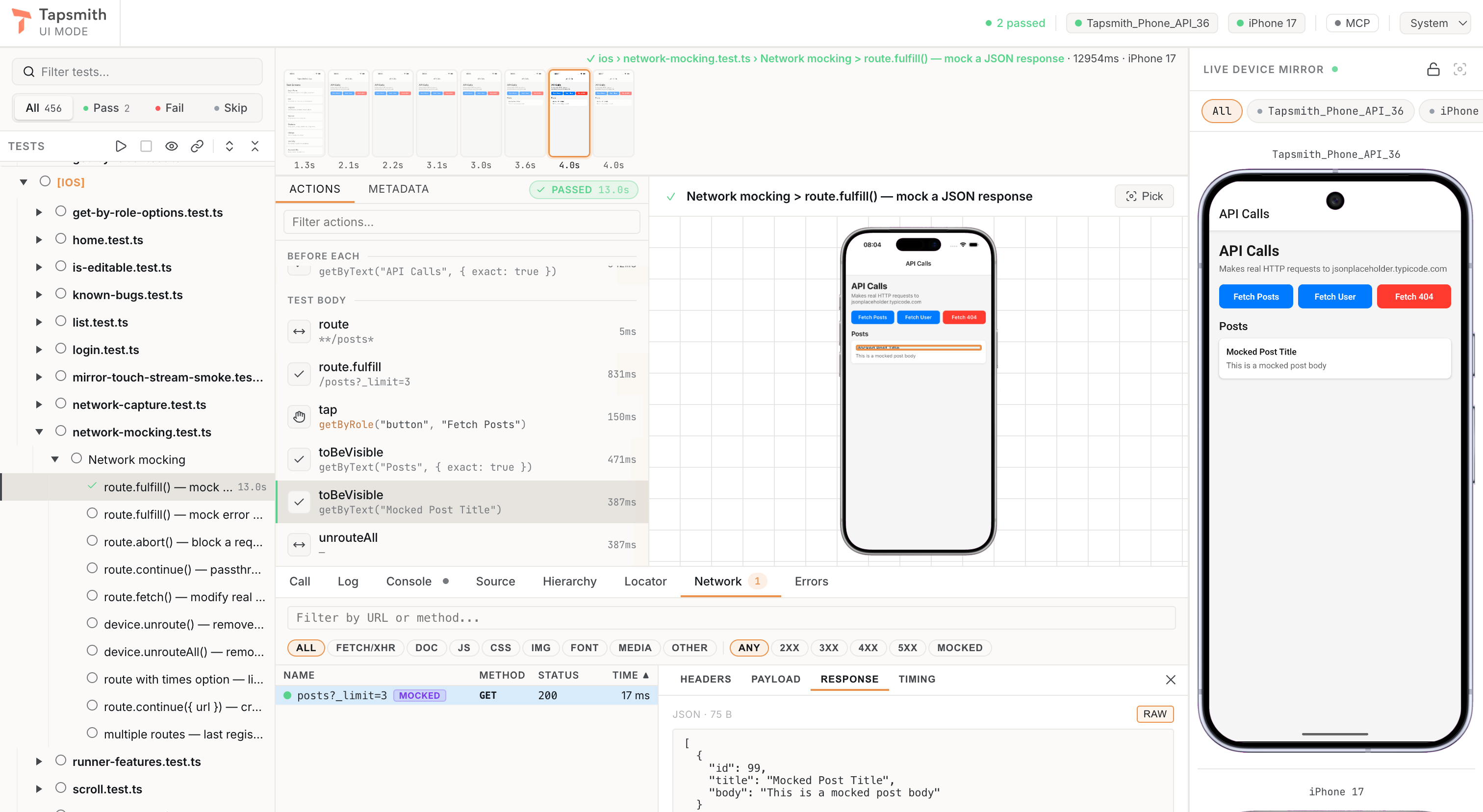 Tapsmith UI mode running a network-mocking test across Android and iOS, with the test tree, trace actions, mocked network response, and live device mirrors
